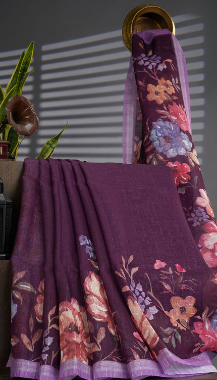 Linen Silk Floral Pallu With Silver Zari Border - Purple