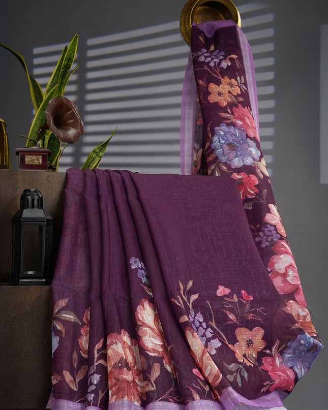 Linen Silk Floral Pallu With Silver Zari Border - Purple
