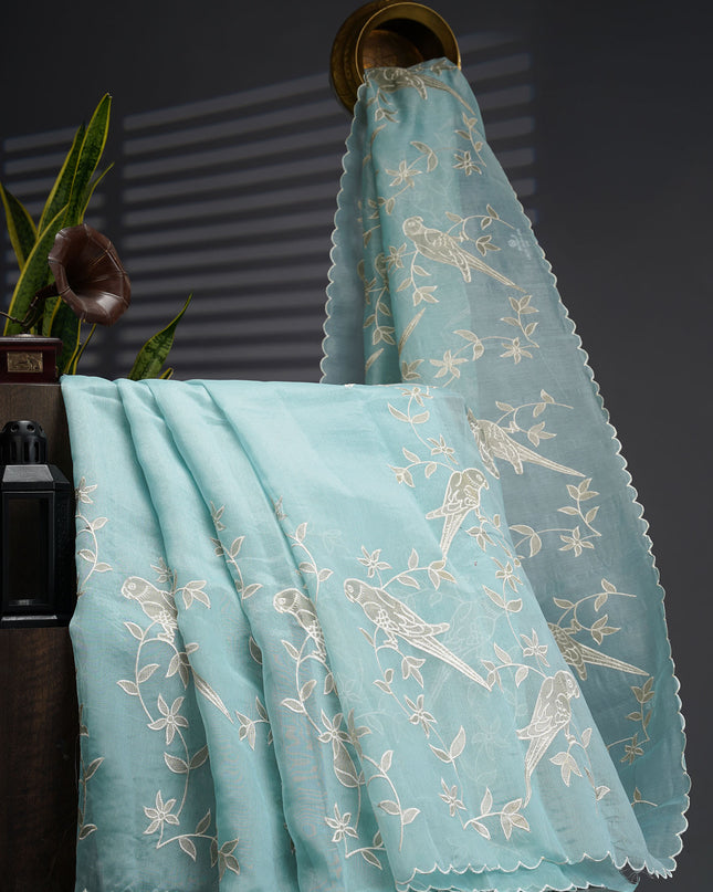 Linen Tissue Saree With Applique Work And Scallop Border - Sky Blue