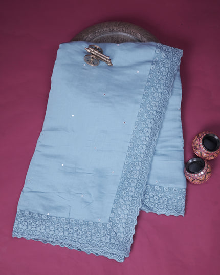 Mul Chanderi saree with Mirror work and lace Border - Blue