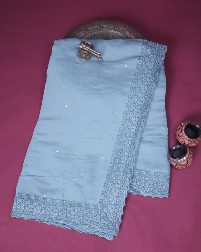 Mul Chanderi saree with Mirror work and lace Border - Blue