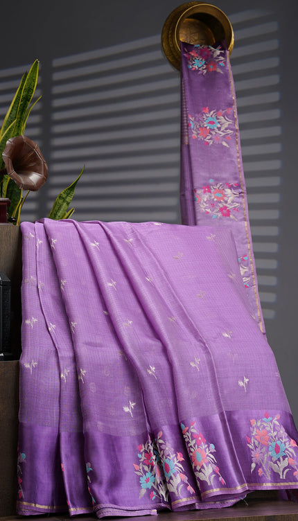 Munga Kota Silk With Silver Butties And Satin Boarder With Meenakari - Lavender