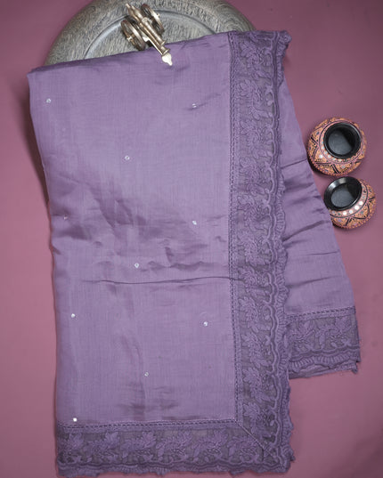 Mul Chanderi saree with Mirror work and lace Border - Purple
