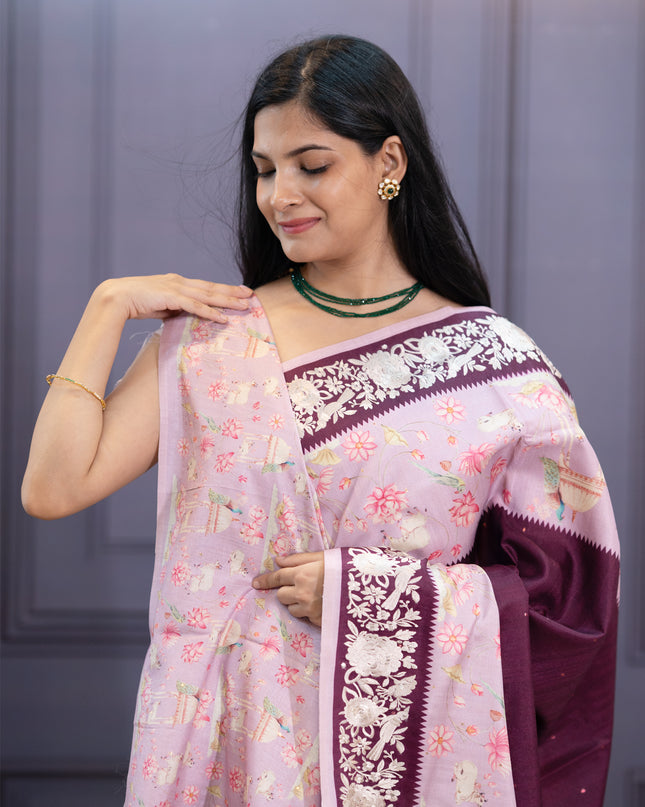 Tusser Silk Parce Work Border - Wine