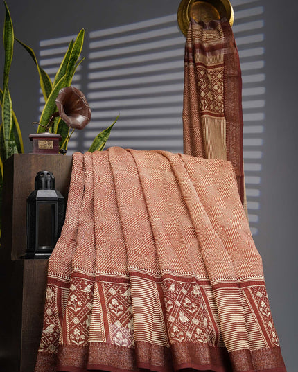 Chanderi Silk Allover Print with Antique Zari Border - Brown