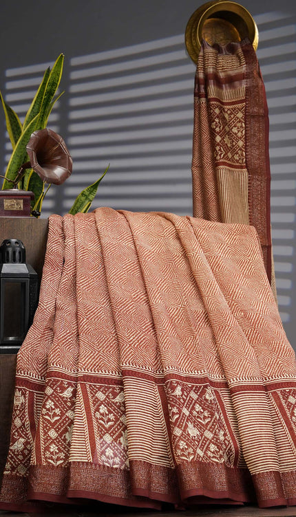 Chanderi Silk Allover Print with Antique Zari Border - Brown