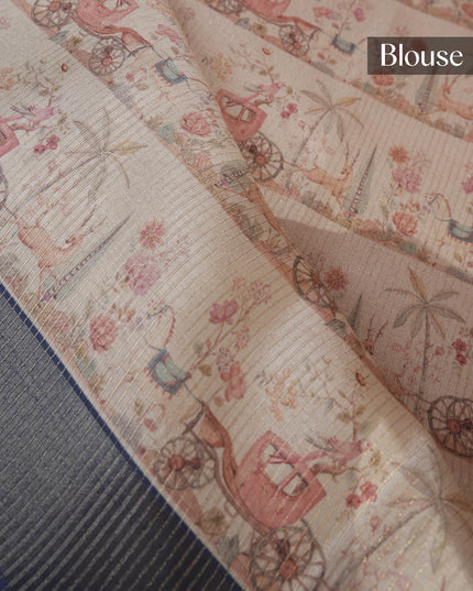 Tussar silk saree with digital print zari border - Royal Blue