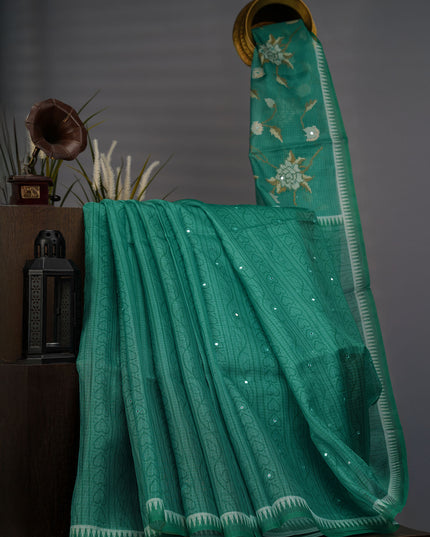 Silk Kota Lehariya Design With Mirror Work - Green