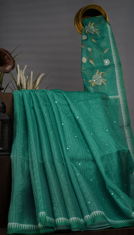 Silk Kota Lehariya Design With Mirror Work - Green