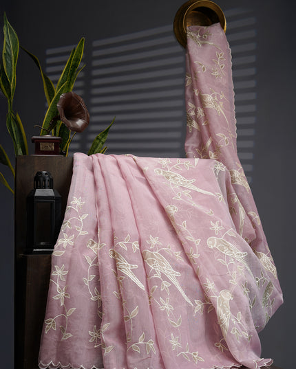 Linen Tissue Saree With Applique Work And Scallop Border - Lavender