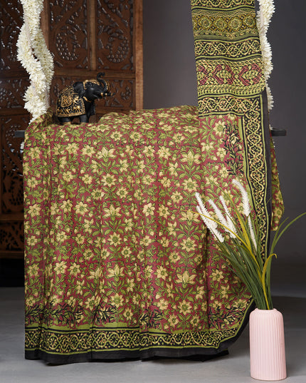 Mul cotton saree with Kalamkari print  contrast border  - Maroon