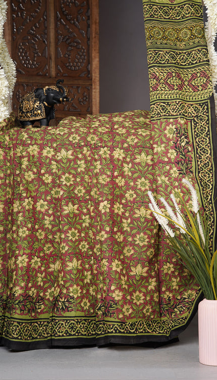 Mul cotton saree with Kalamkari print  contrast border  - Maroon