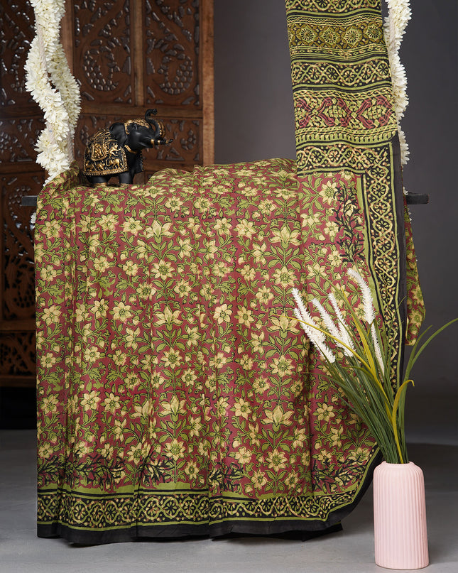 Mul cotton saree with Kalamkari print  contrast border  - Maroon