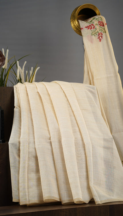 Semi Tussar Kantha With Knot Work - Off White