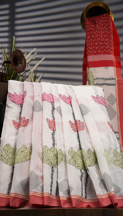 Linen Silk with Knot work and Contrast Border- Half White