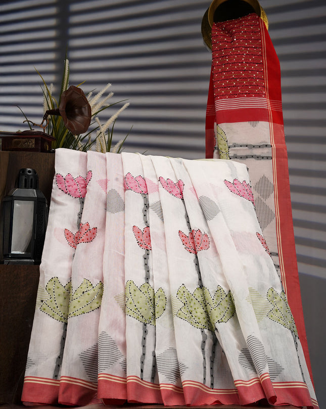 Linen Silk with Knot work and Contrast Border- Half White