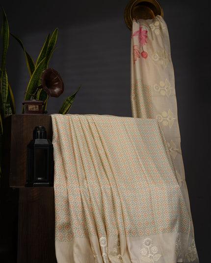 Semi Tusser Silk Saree With Contrast Border And Thread Embroidery Butties -  Beige Blue