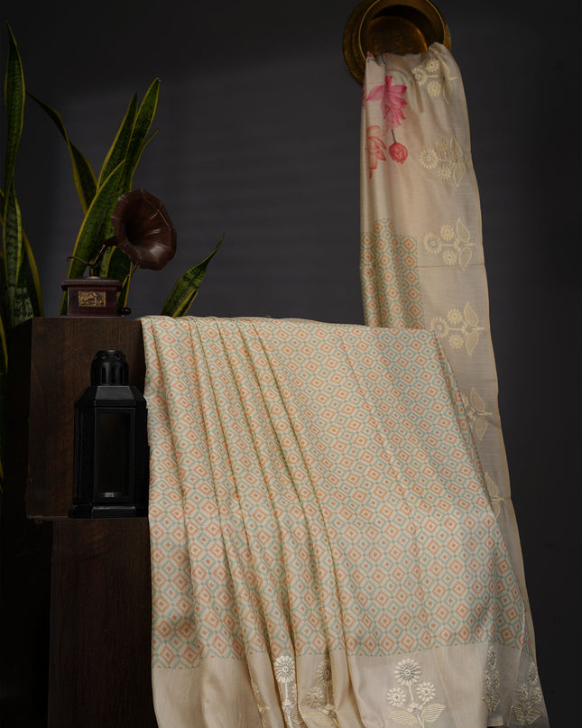 Semi Tusser Silk Saree With Contrast Border And Thread Embroidery Butties -  Beige Blue