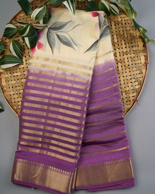 Munga Silk Saree With Floral Print With Contrast Border - Lavender