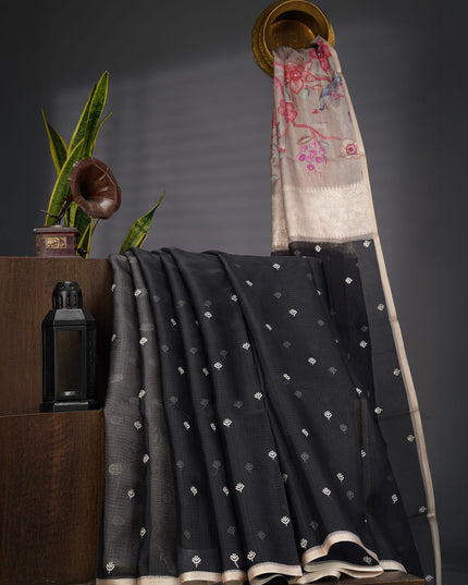 Silk Kota Saree With Allover Silver Zari Butties And Gold Border - Black