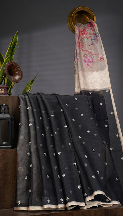 Silk Kota Saree With Allover Silver Zari Butties And Gold Border - Black