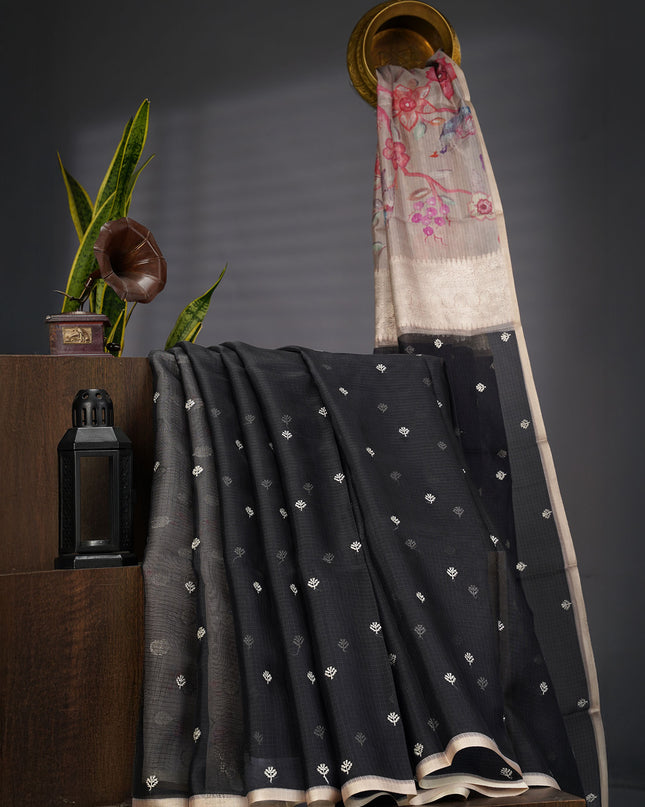 Silk Kota Saree With Allover Silver Zari Butties And Gold Border - Black