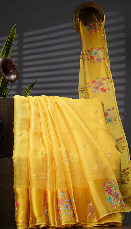 Munga Kota Silk With Silver Butties And Satin Boarder With Meenakari - Yellow