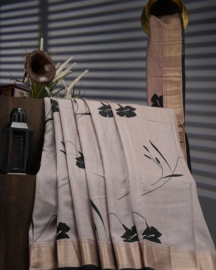 Muslin Silk Digital Print With Gold Zari Border - Grey