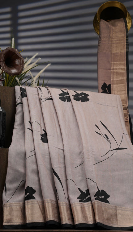 Muslin Silk Digital Print With Gold Zari Border - Grey