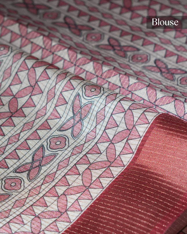 Tussar silk saree with madhubani print zari border - Maroon