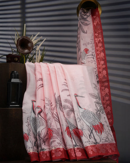 Kota Silk Saree With Digital Print And Contrast Border - Light Pink