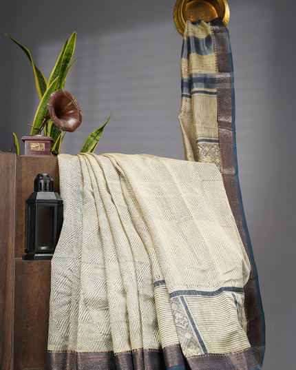 Chanderi Silk Saree With Antique Zari Border - Navi Blue