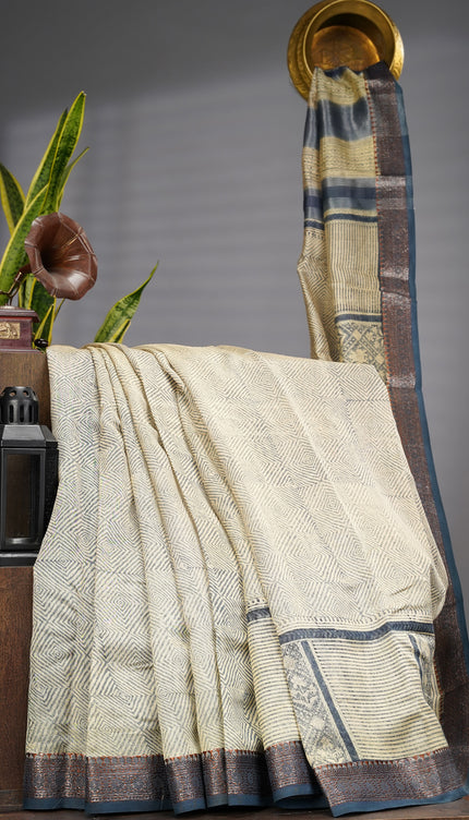 Chanderi Silk Saree With Antique Zari Border - Navi Blue