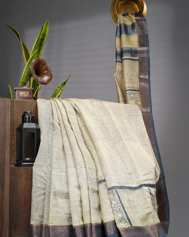 Chanderi Silk Saree With Antique Zari Border - Navi Blue