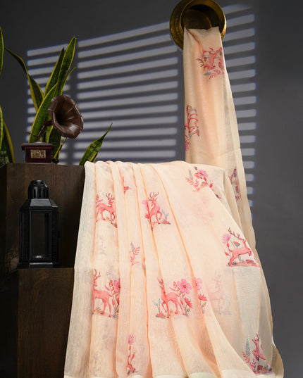 Linen Silk With Printed Butties - Cream & Pink