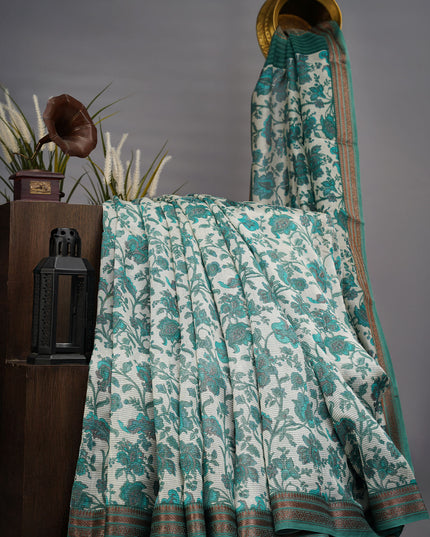 Chanderi Silk Allover Print With Antique Zari Border - Green