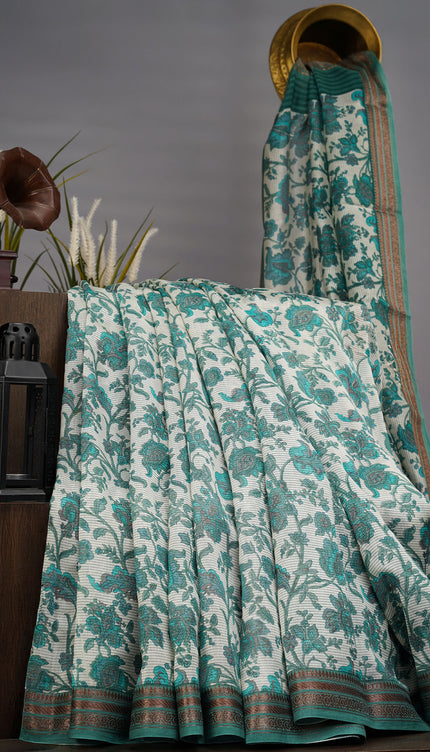 Chanderi Silk Allover Print With Antique Zari Border - Green