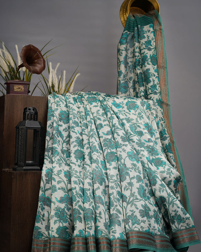 Chanderi Silk Allover Print With Antique Zari Border - Green