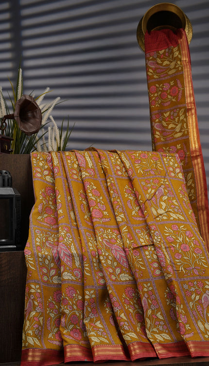 Chanderi Silk Floral Print With Contrast Border - Mustered