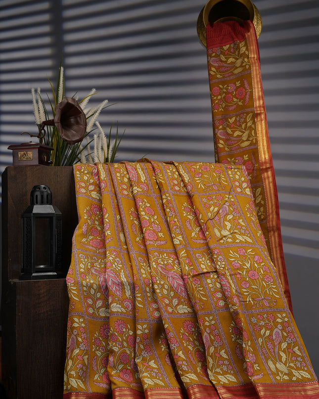 Chanderi Silk Floral Print With Contrast Border - Mustered