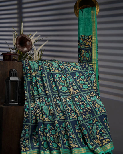 Chanderi Silk Floral Print With Contrast Border - Blue