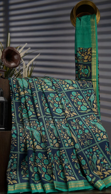 Chanderi Silk Floral Print With Contrast Border - Blue