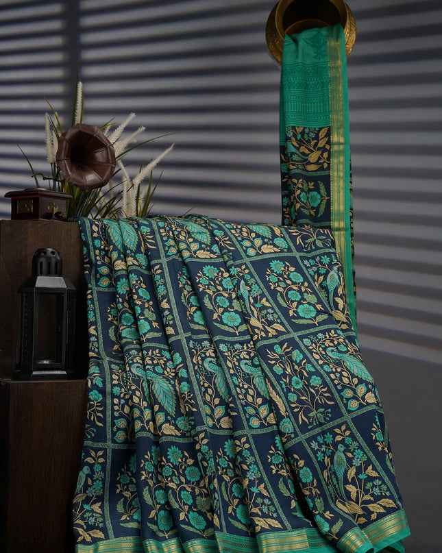 Chanderi Silk Floral Print With Contrast Border - Blue