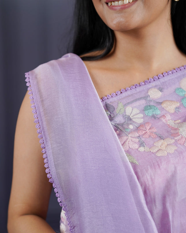 Soft Tissue Organza Silk with Multicolor Thread Embroidery Border -Purple