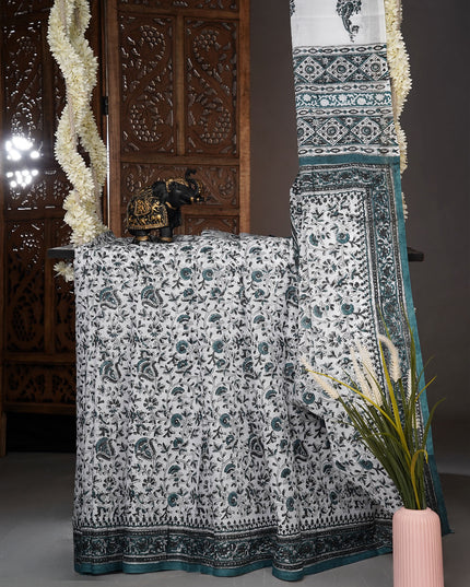 Mul cotton saree with floral print and contrast border - White