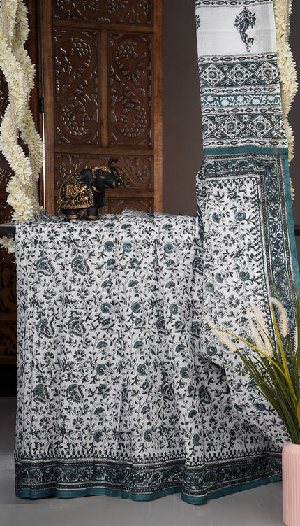 Mul cotton saree with floral print and contrast border - White