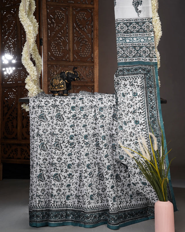 Mul cotton saree with floral print and contrast border - White