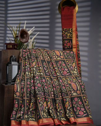 Chanderi Silk Floral Print with Contrast Border- Black