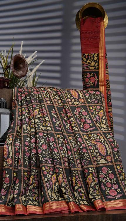 Chanderi Silk Floral Print with Contrast Border- Black