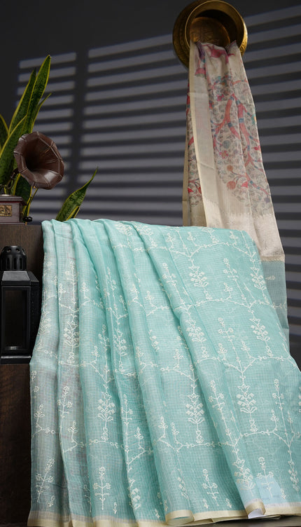 Silk Kota Saree With Allover Silver Zari Butties And Gold Border - Sea Blue
